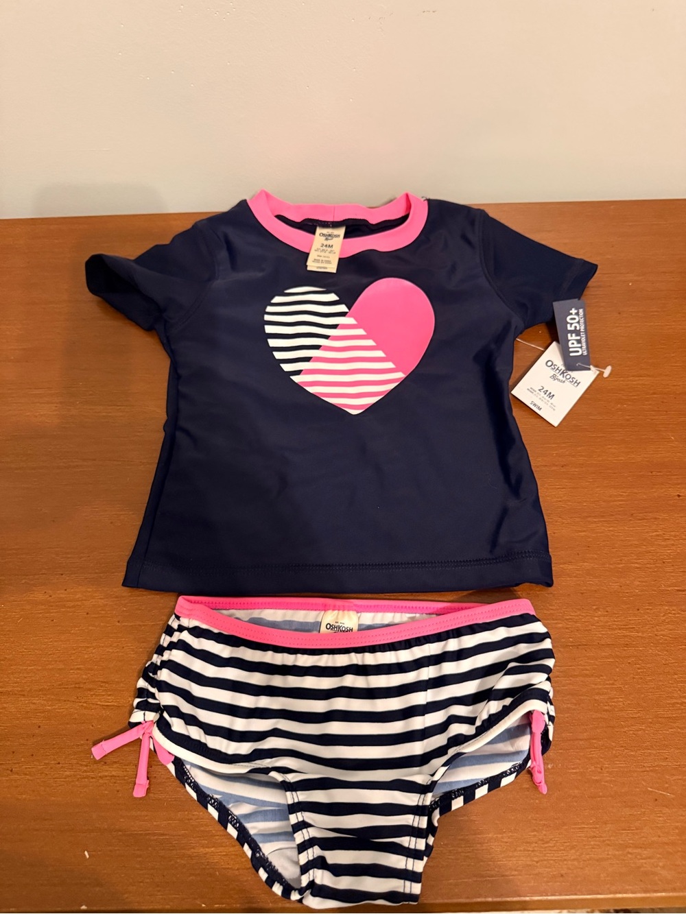NWT OshKosh B'gosh Navy & Pink Heart Rash Guard Bikini Set, Size 24M